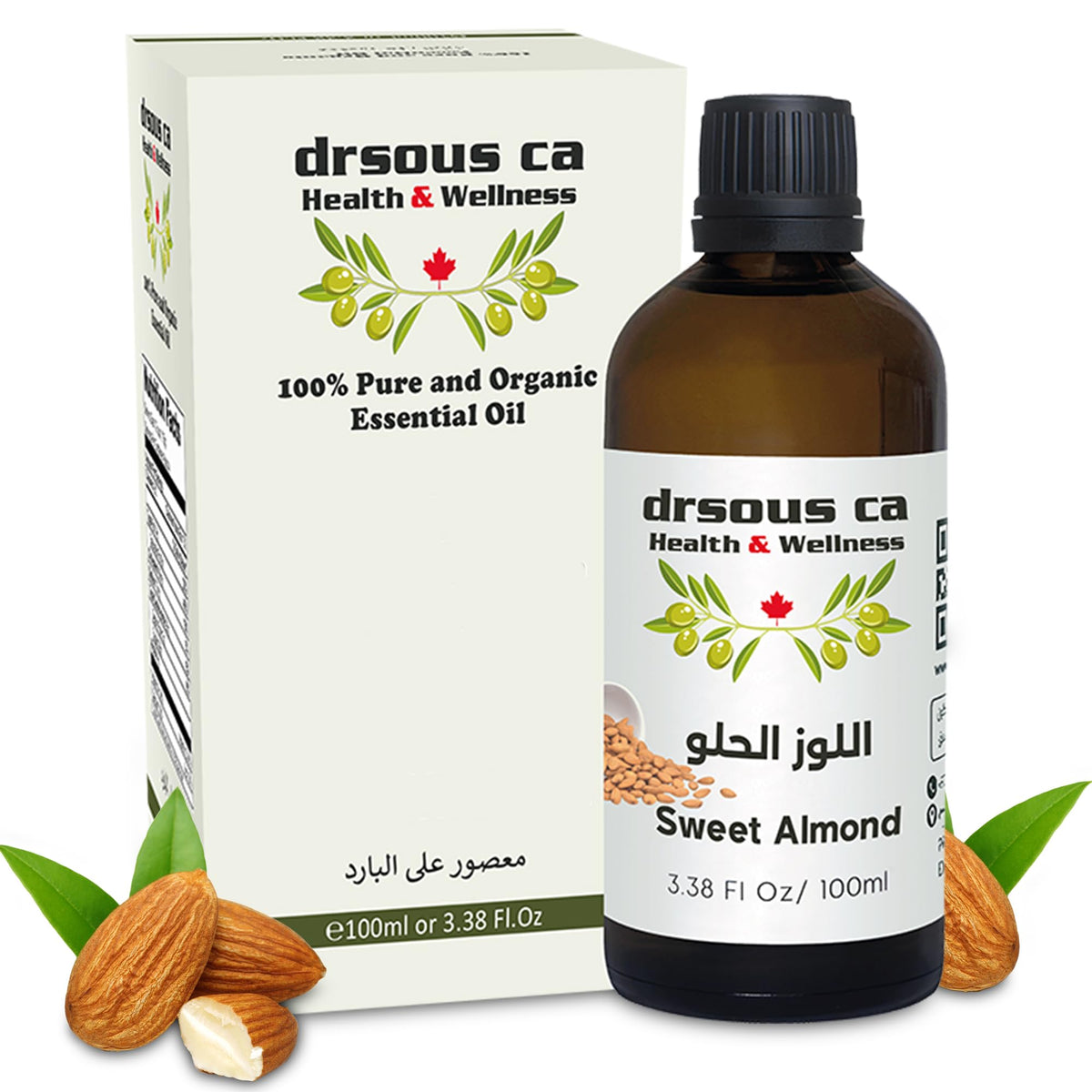 Drsous Ca Organic Sweet Almond Oil 100ml | Cold Pressed Carrier Oil for Body Massage, Glowing Skin, Hair care | Gentle for Babies, Rich in Vitamin E and Antioxidants | Made in Palestine