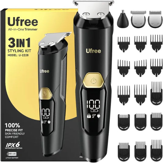 Ufree 3-in-1 Beard Trimmer Kit, Men's Electric Razor Shaver for Mustache, Professional Hair Trimmer, Type-C Rechargeable Clippers, Waterproof Body Grooming