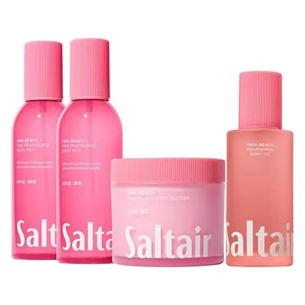 Saltair Mist & Moisturize 4pc Set with Body Oil, 2 Pack Body Mist Spray, and Body Butter. Hydrating After Shower Moisturizer and Fine Fragrance Perfume Mist Pink Beach Scent