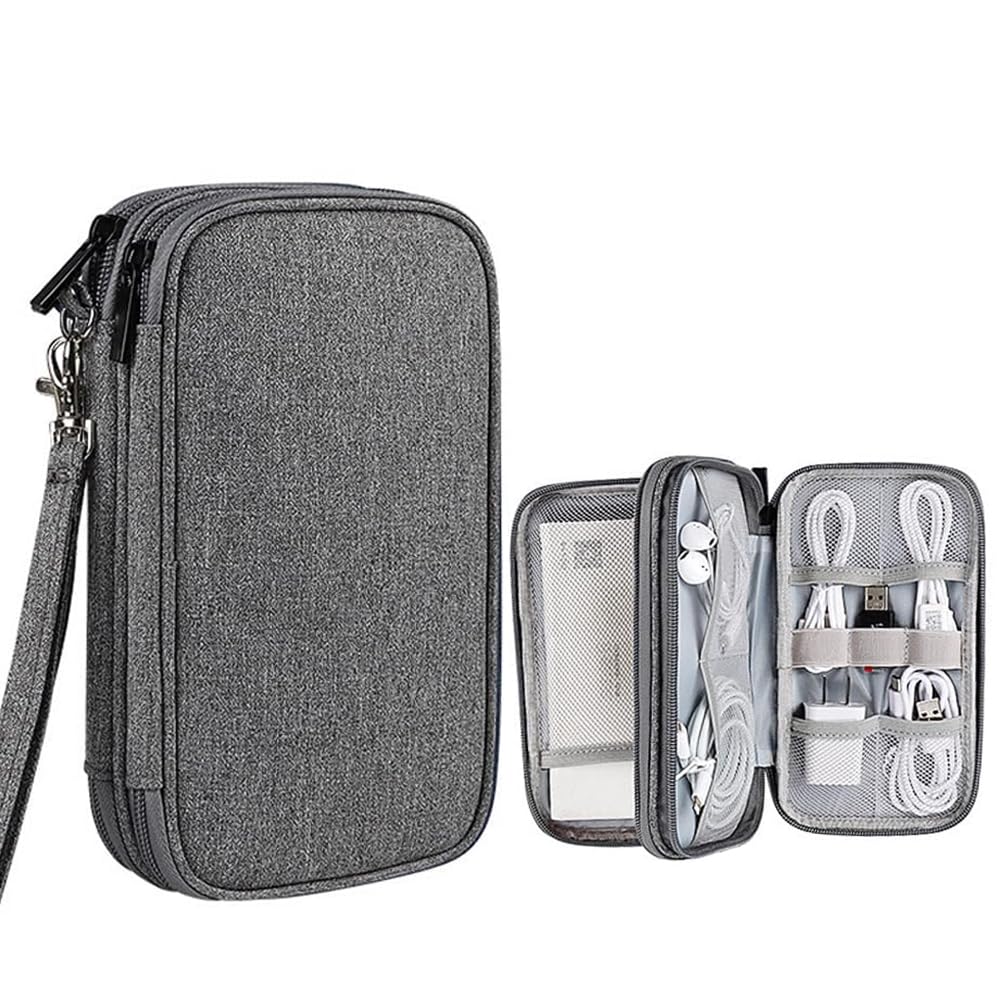AMERTEER Portable Electronic Accessories Organizer Bag, Waterproof Travel Cable Storage Cases for Charger Bag, USB, SD Cards, Earphones, Hard Drives, Power Bank, and More (Grey)