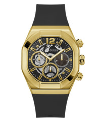 GUESS Men's 42mm Watch - Black Strap Black Dial Gold-Tone Case