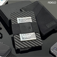 Fidelo Minimalist Wallet for Men - Slim Credit Card Holder RFID Mens Wallets with Magnetic Money Clip - Black Nylon and Carbon Fiber
