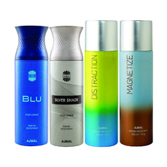 Ajmal 1 Blu Homme for Men, 1 Silver Shade Homme for Men, 1 Distraction and 1 Magnetize for Men & Women Deodorants each 200ML Combo pack of 4 (Total 800ML) + 4 Parfum Testers