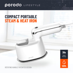 Porodo Compact Portable Steam & Heat Iron With Rotating Handle Patented Design with 120ML Water Tank Capacity, Ceramic Soleplate Handheld Steam Flat Iron Dry & Wet, Garment Steamer 1100W - White