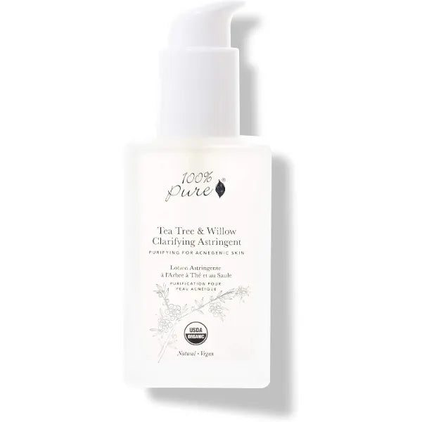100% PURE Tea Tree & Willow Clarifying Astringent, Natural Acne Treatment, Alcohol Free, Hydrating Toner - 4 Fl Oz
