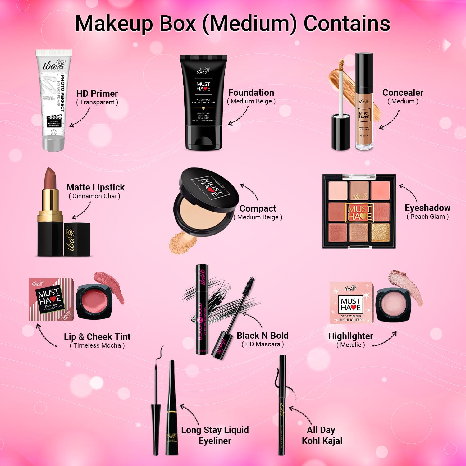 Iba Must Have Complete Makeup Box for Women (Medium) l with 11 Essential Products l Makeup Kit for Women l Waterproof l Bridal Makeup for Women l Full Face Makeup | 100% Vegan & Cruelty-Free