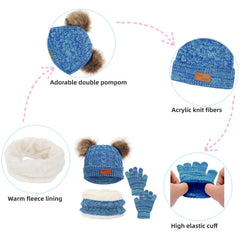 Kids Winter Hat Gloves Scarf Set for 2-6 Years Old - Warm Knit Pompom Beanie Cap Neck Warmer Gloves, Winter Warm Knitted Beanie Hat Scarf Gloves Set, Pure Plush - Blue
