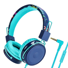 OKCSC B2 Kids Cartoon Headphones with Mic, 85dB Safe Volume Limited On-Ear Headset for Kids Girls Boys, Foldable Adjust 3.5mm Jack Stereo Wired Headset for Cellphones/Tablet/School/Travel Blue/Green