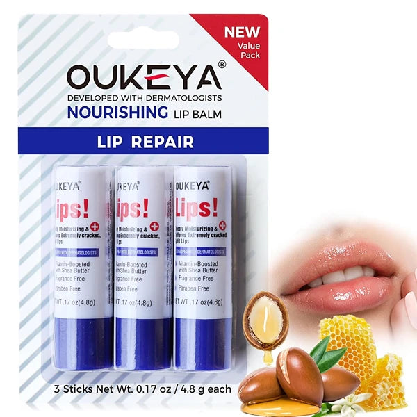 OUKEYA 3PCS Medicated Lip Balm Hydrating w/Petrolatum,Shea Butter, Beeswax,100% Natural Ingredients,Organic Lip Butter Balm & Moisturizers Lip Repair For Dry Cracked Lips Overnight Lip Treatment