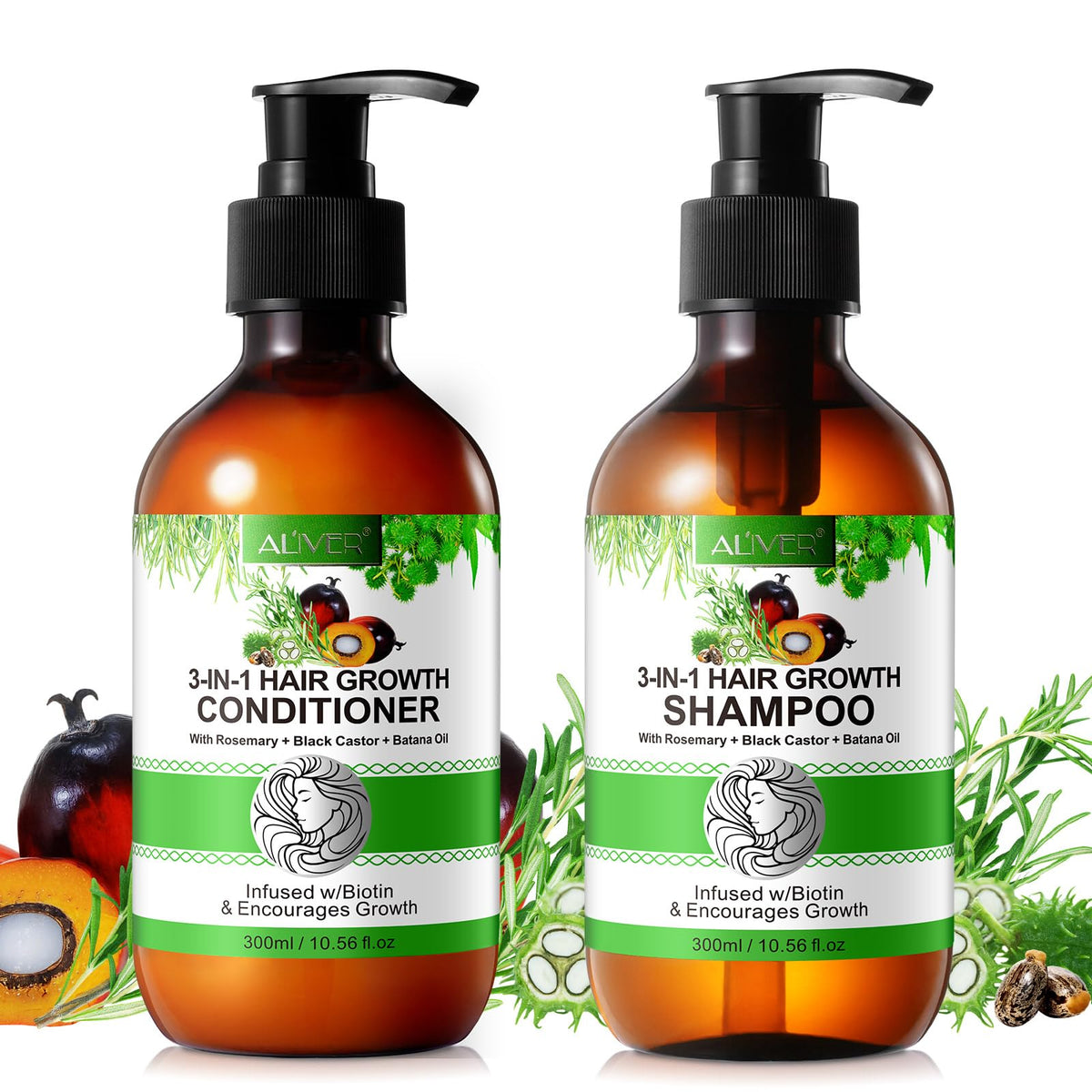 ALIVER 3 in 1 Hair Growth Shampoo and Conditioner Set with Rosemary, Black Castor Oil and Batana Oil for Anti Hair Loss and Hair Regrowth, Enhances Hair Shine, Unisex 300ml (Pack of 2)