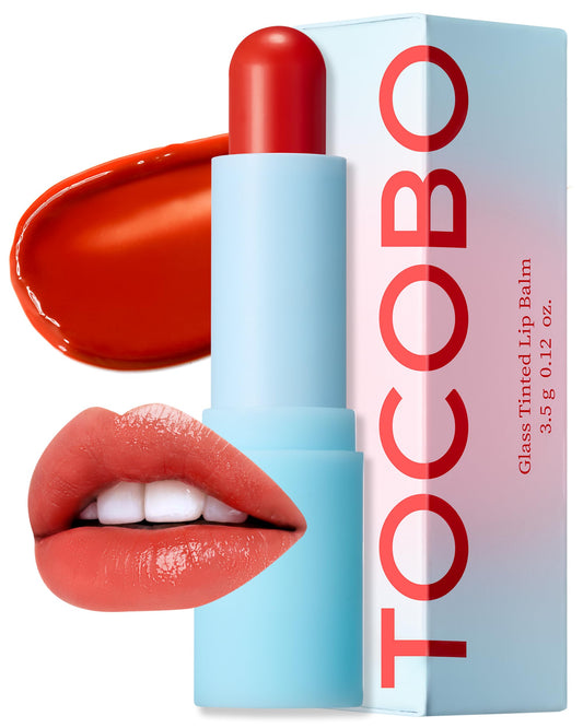 TOCOBO Glass Tinted Lip Balm 013 Tangerine Red 0.67 oz /19g | Glow Moisturizing Vegan Lip Balm & Vivid Tinted- Tangerine Red (Glass)