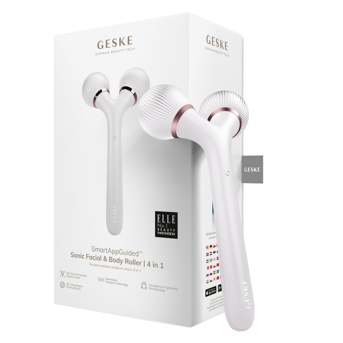 GESKE SmartAppGuided Sonic Facial & Body Roller 4 in 1 Derma Roller Device for Face and Body Dermaroll Professional Face Roller Tightens and Defines Body and Face