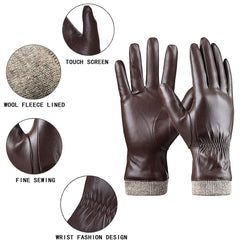 REDESS Winter Leather Gloves for Women, Wool Fleece Lined Warm Gloves, Touchscreen Texting Thick Thermal Snow Driving Gloves - Brown
