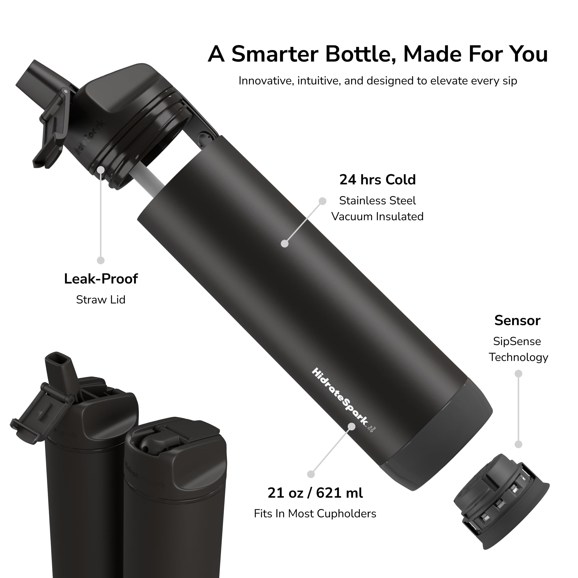 Hidrate Spark STEEL Smart Water Bottle - Tracks Water Intake & Glows to Remind You to Stay Hydrated, Straw, 21 oz, Black