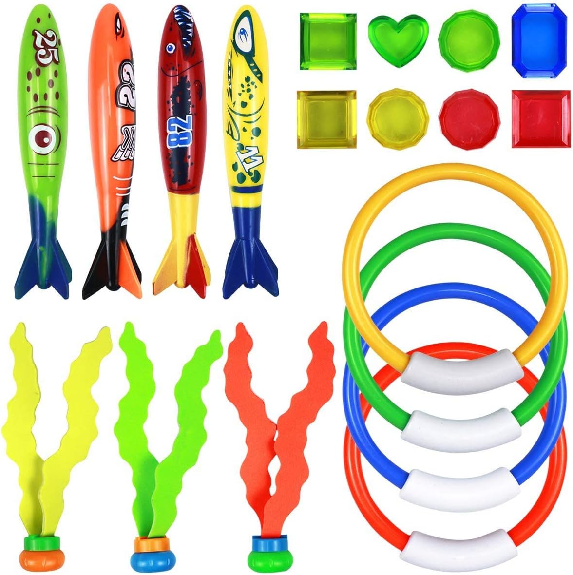 19PCS Underwater Diving Pool Toys Kit Diving Torpedo Bandits Diving Rings Gemstones Diving Ball Streamers Sinking Seaweed Diving Toys Swimming Pool Toys For Kids Boys Girls