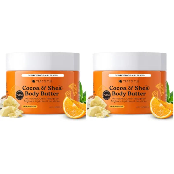Tree to Tub Shea Body Butter – Deep Moisturizing Body Cream for Dry & Sensitive Skin | Hydrating Body Lotion with Vitamin C & Organic Cocoa, Citrus Scent - 200ml (Pack of 2)