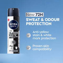 NIVEA MEN Black & White Invisible Antiperspirant Deodorant Spray, Original, 72H Active Protection, 5IN1, Anti-Odour, Sweat, Stains, Residues & Irritation, 150ml