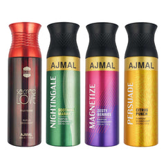 Ajmal 1 Sacred Love for Women, 1 Nightingale, 1 Magnetize and 1 Persuade for Men & Women Deodorants each 200ML Combo pack of 4 (Total 800ML) + 4 Parfum Testers