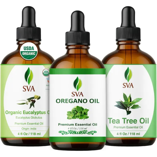 SVA ORGANICS Oregano, Tea Tree, and Eucalyptus Essential Oil 4 oz Bundle, Premium Grade Value Set for Hair Oiling, Scalp Massage, Hair Care, Skin Care and Body Massage