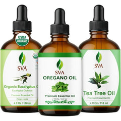 SVA ORGANICS Oregano, Tea Tree, and Eucalyptus Essential Oil 4 oz Bundle, Premium Grade Value Set for Hair Oiling, Scalp Massage, Hair Care, Skin Care and Body Massage