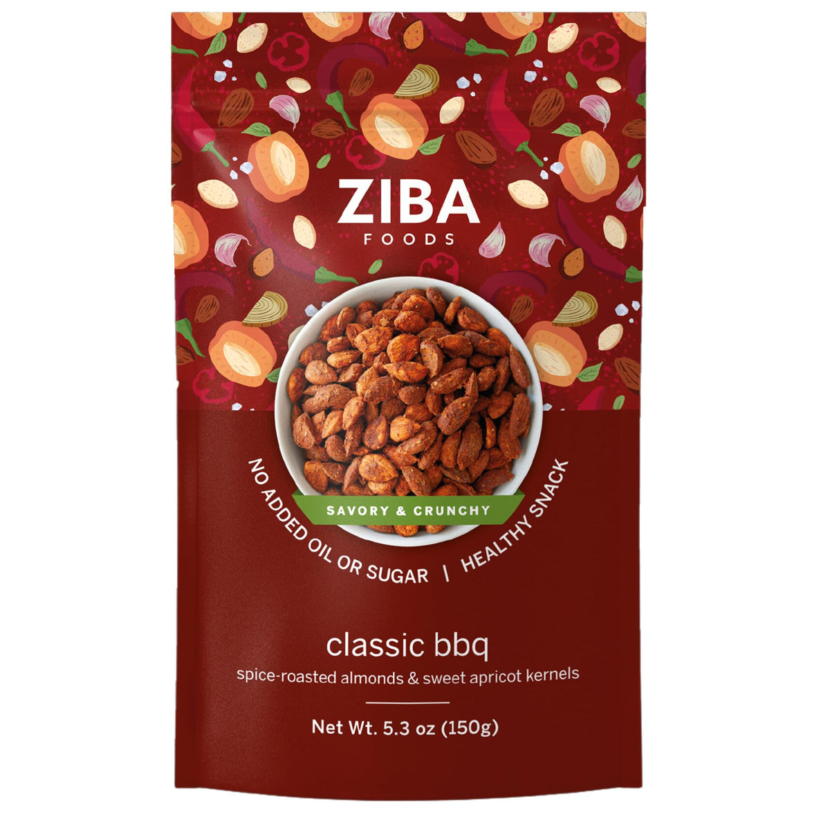 Ziba Foods Classic BBQ Snack Mix - Heirloom Almonds & Sweet Apricot Kernels with Smoky Savory Barbecue Spices, Dry Roasted with No Added Oil or Sugar, Non-GMO Vegan Protein Snack - 1 Pack (150g)