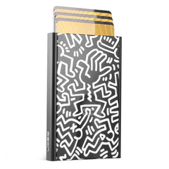 OGON Aluminum automatic card holder Slider - RFID Blocking – The original minimalist slim wallet for men and women - Up to 6 cards - Keith Haring White Print