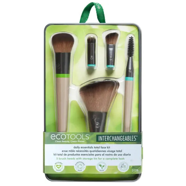 EcoTools Interchangeables Daily Essentials Total Face Makeup Brush Kit, Essential Oils, Multiuse Face Makeup Brushes, Bronzer, Blush, Powder, & Eyeshadow Brushes, Cruelty-Free & Vegan, 8 Piece Set