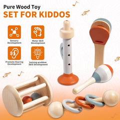 Montessori Wooden Toys for Baby, Wooden Baby Rattle Toys Set, 5pcs Wooden Music Alinstrument Toys with Trumpet, Maracas, Castanets, Three-Ring Rattle, Cage Rattles, Montessori Toys for Babies 0-