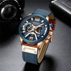 CURREN Men's 3 Dials Chronograph Quartz Watches with Leather Bracelet, Blue
