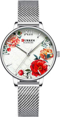 CURREN 9060 Luxury Casual Business Quartz Women Watch Flower Dial Elegant Exquisite Lady Wrist Watch 3ATM Waterproof Clock Wristwatch for Female Ladies with Stainless Steel Mesh Strap Band - Silver