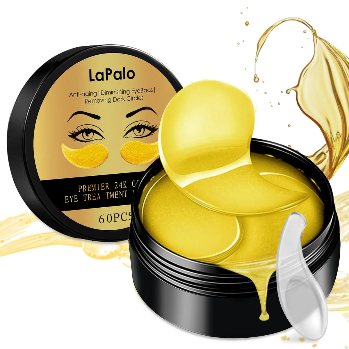LaPalo Premier 24K Gold Eye Treatment Patches,Anti-aging Collagen Hyaluronic Acid Eye Mask, Diminish Dark Cirles, Wrinkles, Puffiness & Bags, Nourish Skin Care, Travel Size Travel Essentials - 60 pcs