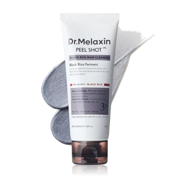 Dr.Melaxin Peel Shot Black Rice Mochi Whip Cleanser 100ml Formulated for Blackheads, Clogged Pores, Excess Sebum, and Dull Skin