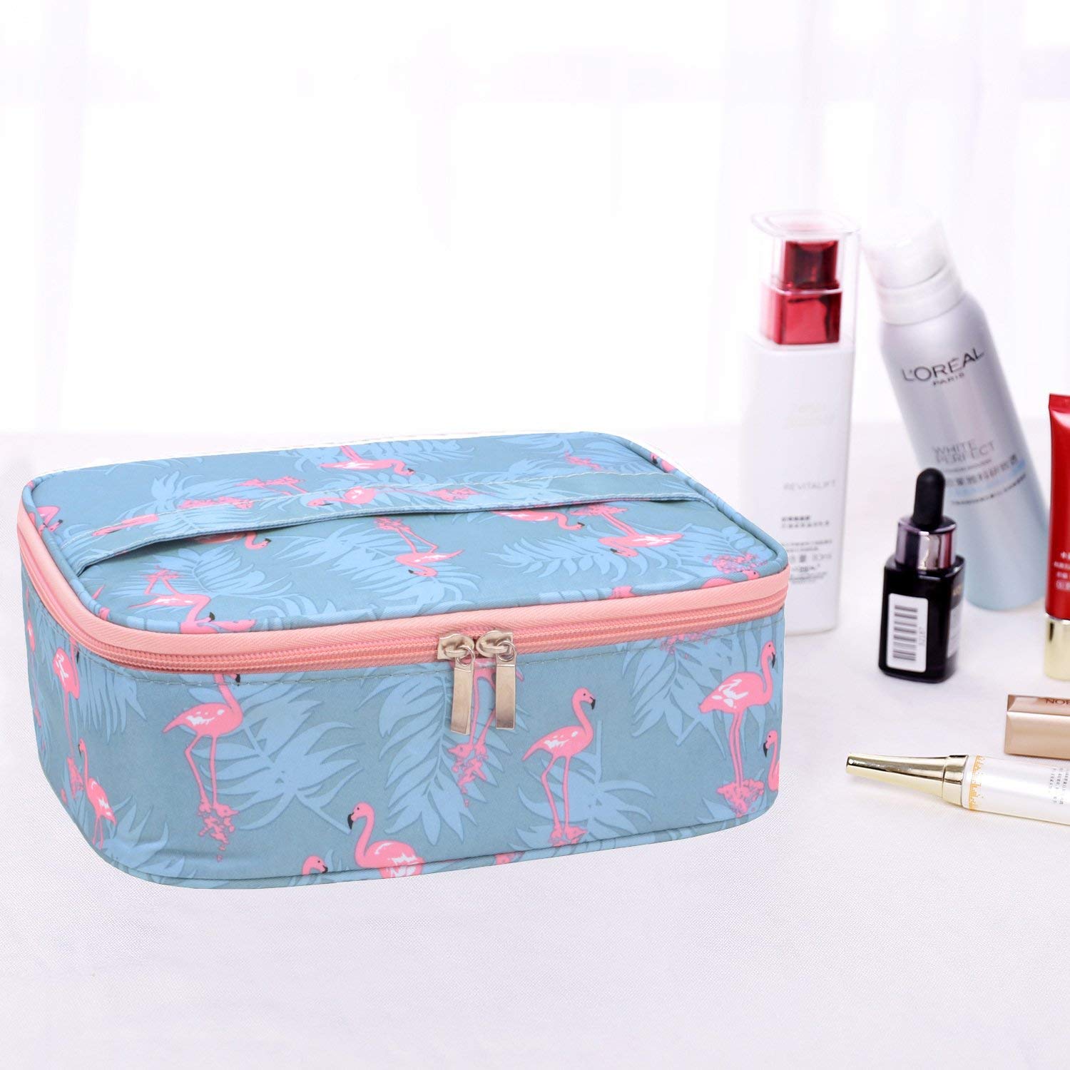 COOLBABY Travel Makeup Bag Large Cosmetic Bag Makeup Brushes Case Organizer Gifts for Women Girls Flamingo(PinK）, YLY012-PK