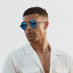 Joopin Steampunk Round Sunglasses - Metal Frame, 100% UV Protection (B04-Silver Mirrored Blue)