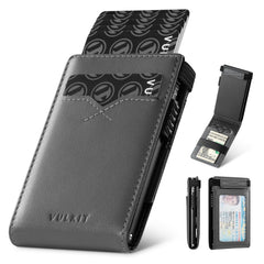 VULKIT Minimalist Wallet with Money Band RFID Wallet for Mens Pop Up Wallet Leather Wallet with ID Window & Elastic Band Closure - Grey