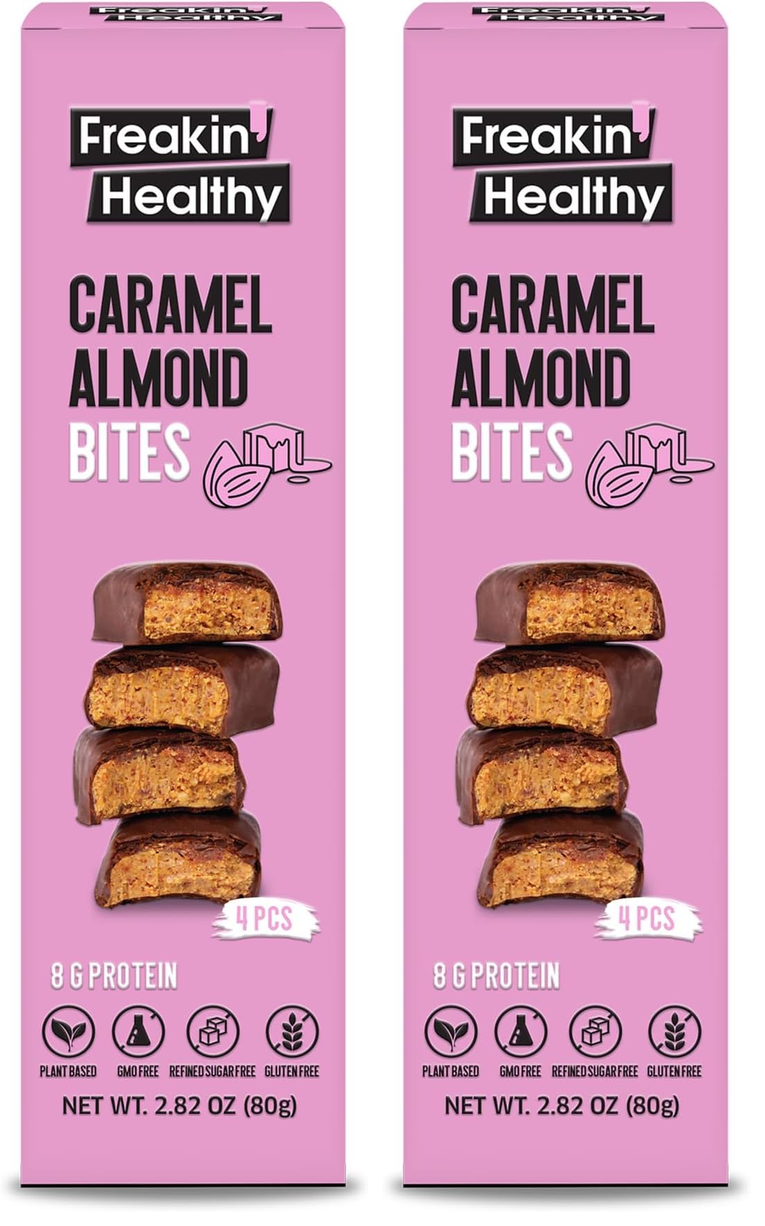 Freakin Healthy Caramel Almond Bites 80g – 4 Individually Wrapped Bites, Plant-Based Nut Butter Snack with Raw Chocolate, No Refined Sugar (Pack of 2)