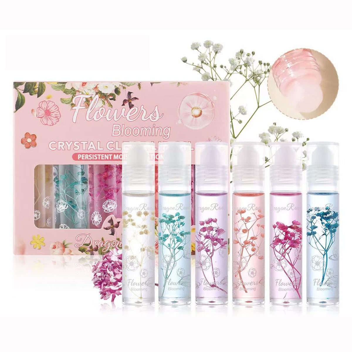 6Pcs Roll On Lip Oil Hydrating Lip Gloss Set, Moisturizing Lip Shine Flower Gloss, Transparent Plumping Lip Gloss Natural Plumper Shiny, Crystal Jelly Liquid Lipstick Long Lasting for Women and Girl