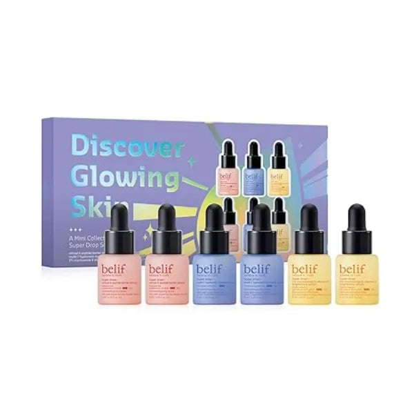 belif Discover Glowing Skin Mini Kit  Peptides Firming Serum, Multi7-Hyaluron Hydrating Serum, Vitamin C Serum, Super Drops Trial Set, Hyaluronic Acid, 5% Niacinamide, Retinol, Korean Skin Care