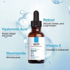 Soti 2.5% Retinol Serum, Reduces Wrinkles, Age Spots, Post-Acne Marks. Stimulates Collagen, Firm Skin, Anti Aging with Hyaluronic Acid, Niacinamide (30ml)
