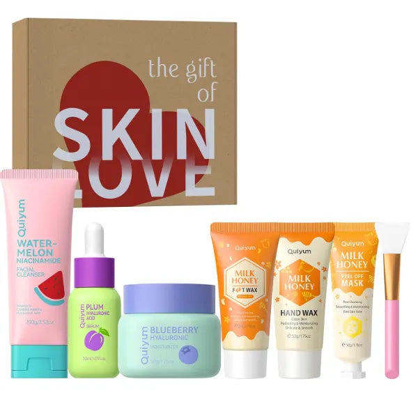 QUIYUM 6PCS Skincare - Skin Care Sets with Watermelon Cleanser, Plum Serum, Blueberry Moisturizer, Milk Honey Peel-Off Mask, Hand Wax, Foot Wax, Hydrating Cleansing Repairing, Ideal Gifts Sets