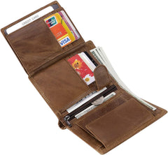 HAWEE Trifold Billfold RFID Blocking Cowhide Leather Wallet for Men 10 Card Slots 2 ID Windows with Coin Pocket - Brown