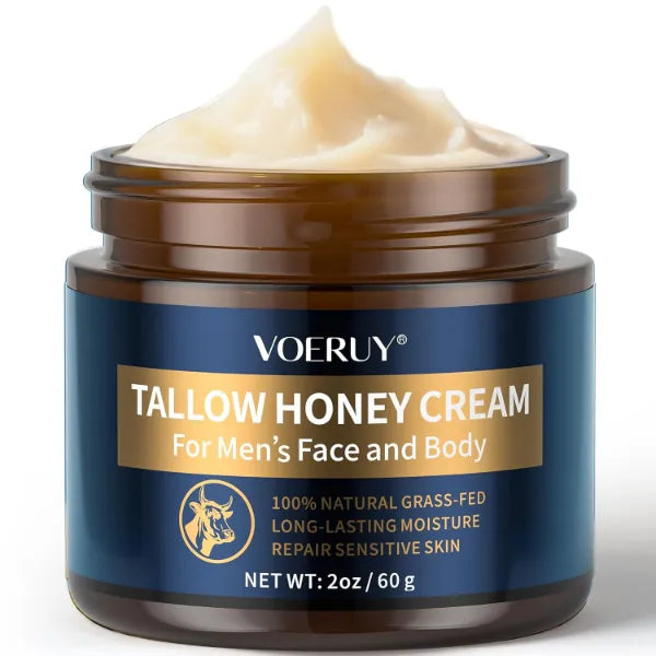 VOERUY Mens Face Moisturizer Cream - Anti Aging & Wrinkle for Men with Tallow Balm & Raw Honey, Natural Grass-Fed Tallow Moisturizer for Face, Facial Skin Care & Eye Lotion - Day & Night, 2oz/60g