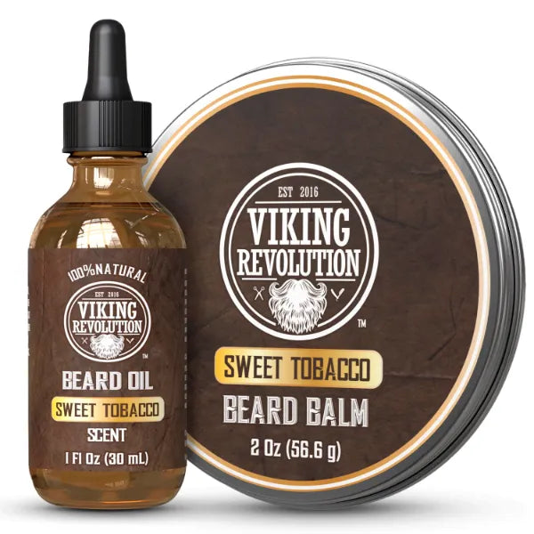 Viking Revolution Sweet Tobacco Beard Balm for Men and Sweet Tobacco Beard Oil Bundle - With Argan and Jojoba Oils - Soften and Moisturize your Beard