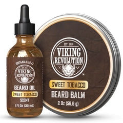 Viking Revolution Sweet Tobacco Beard Balm for Men and Sweet Tobacco Beard Oil Bundle - With Argan and Jojoba Oils - Soften and Moisturize your Beard