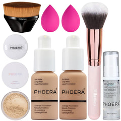 PHOERA Foundation, Full Coverage Foundation, PHOERA Primer, PHOERA Powder, PHOERA Makeup Set, Kabuki Makeup Brushes Foundation Brush Powder Brush,2 Pcs Makeup Sponge (104 Buff Beige + 105 Sand)