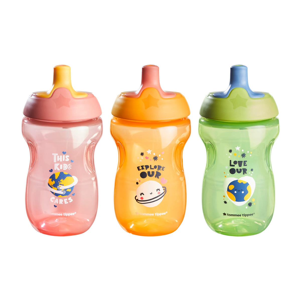 Tommee Tippee Sportee Water Bottle for Toddlers, Spill-Proof | 10oz, 12m+, 3 Pack (Pink, Green & Orange)