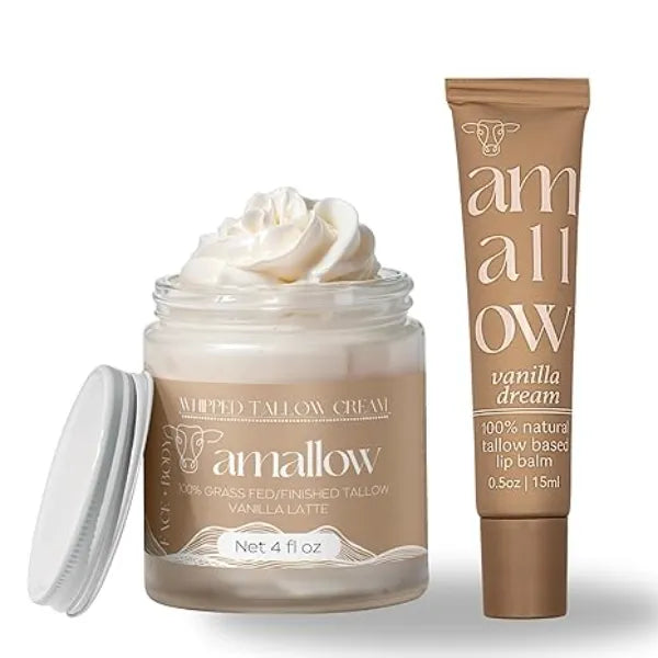 Amallow 100% Grass Fed Beef Tallow Skincare & Lip Balm Set Whipped Moisturizer for Face & Body Vanilla Latte + All Natural Tallow Lip Balm Vanilla Dream