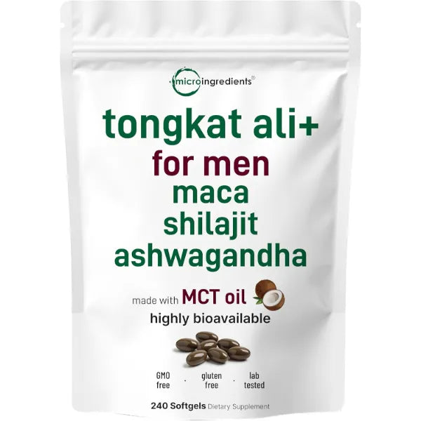 Micro Ingredients Tongkat Ali+ for Men with Maca, Shilajit, & Ashwagandha | 240 Softgels with MCT Oil for Better Absorption | Max Strength Eurycoma Longifolia Extract (Longjack) | Non-GMO, Gluten Free