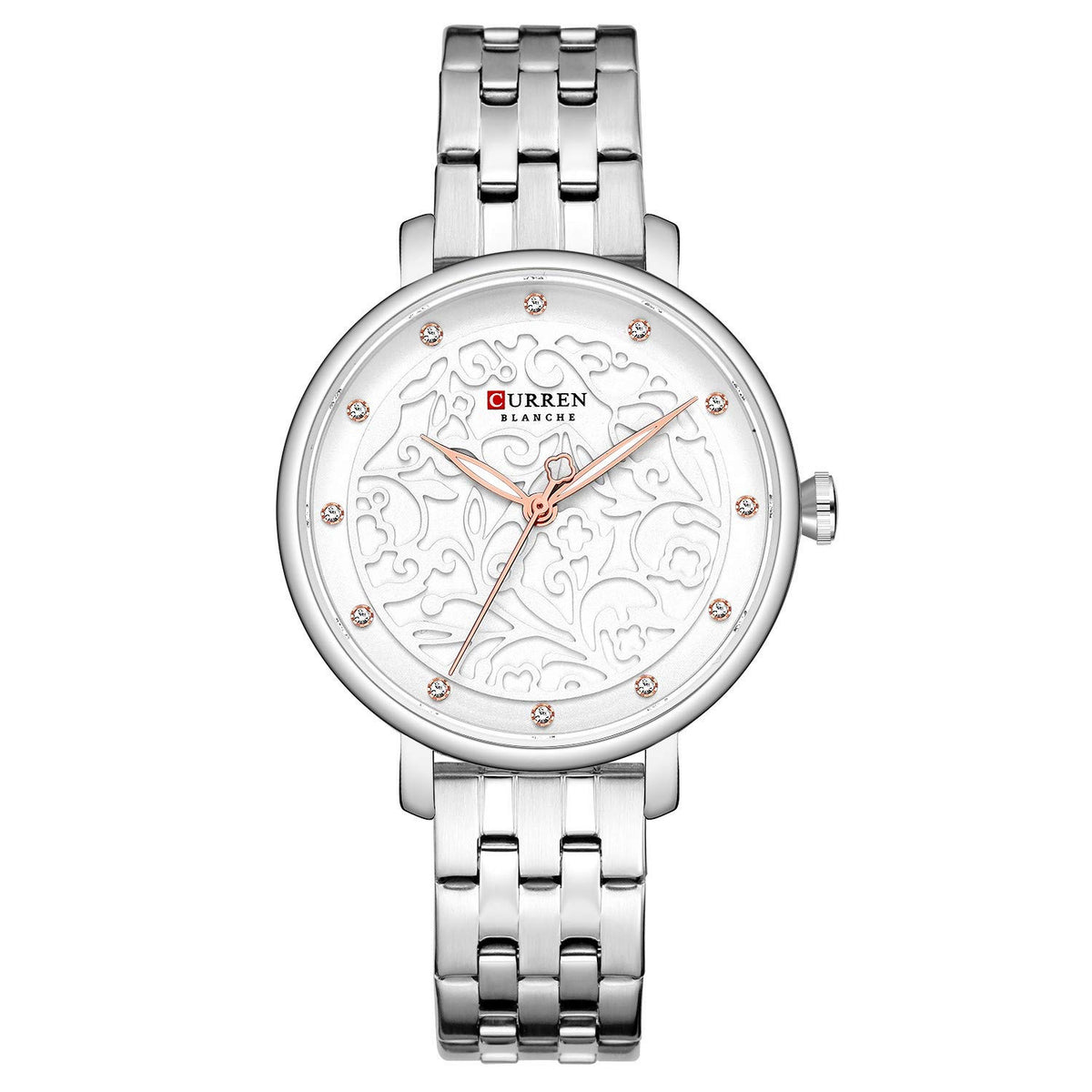 CURREN 9046 Quartz Women Wristwatch Carved Flower Embroidered Style Watch for Ladies Womens Watches with Leatherette PU Strap Stainless Steel Band Waterproof Wearable Accessories