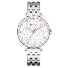 CURREN 9046 Quartz Women Wristwatch Carved Flower Embroidered Style Watch for Ladies Womens Watches with Leatherette PU Strap Stainless Steel Band Waterproof Wearable Accessories